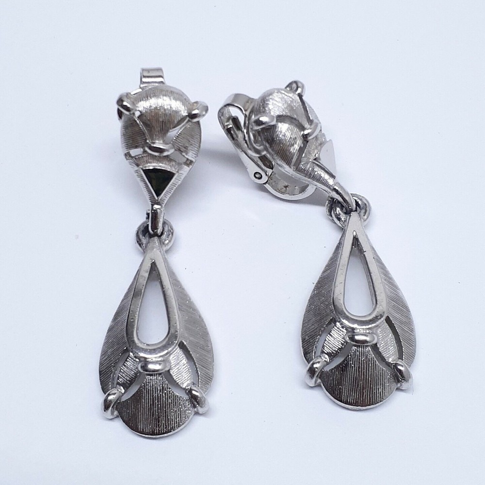 Vintage Crown Trifari Earrings Signed Clip On Silver Tone Dangle